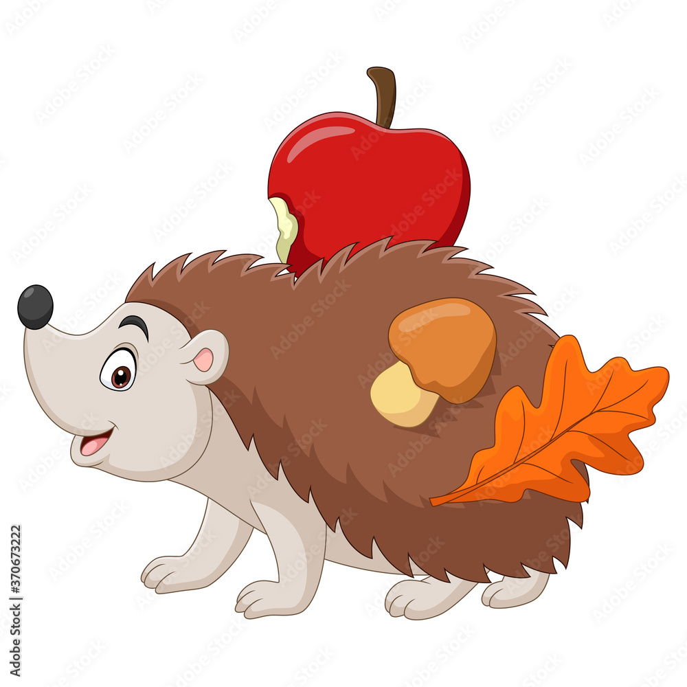 Wall mural Cartoon little hedgehog carries an apple with mushroom and leaf on his back