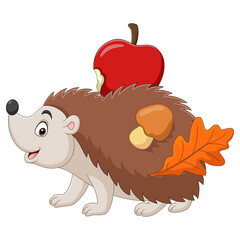 Cartoon little hedgehog carries an apple with mushroom and leaf on his back © tigatelu