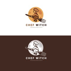Creative chefs ride witch brooms flying to the moon logo design vector cartoon kid character vector illustration for restaurant