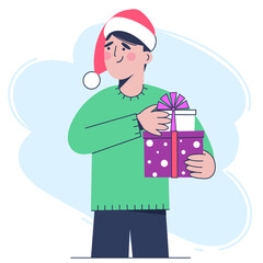 Man in a red Santa hat with a Christmas present in his hand. Color illustration in a flat style.