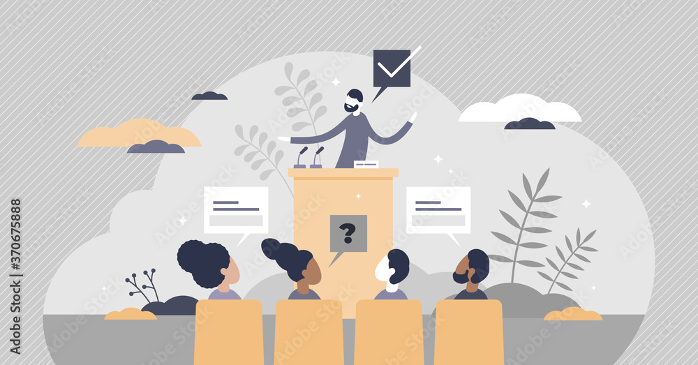 Poster conference meeting with presentation lecture and speech tiny person concept