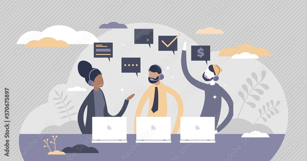 Aufkleber call center support with answers to customer questions tiny persons concept