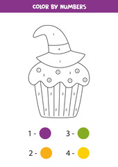 Coloring cute Halloween cupcake by numbers. Math game.