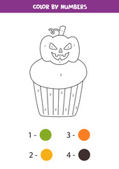 Coloring spooky Halloween cupcake by numbers. Math game.