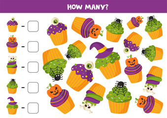 Math game with cute cartoon Halloween muffins.