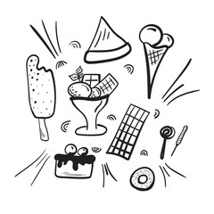 Set of cute summer icons: different ice cream, popsicles, fruit ice and ice cream truck. Bright summertime poster with sweet food.