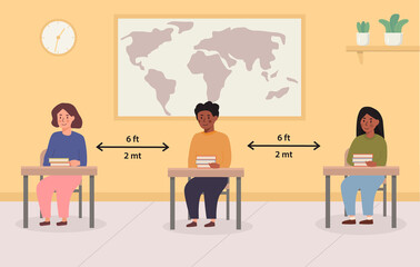 Social distancing at school concept illustration. Mix race kids sitting in the classroom. Children maintaing safe distance inside the lecture room. Back to school vector illustration.