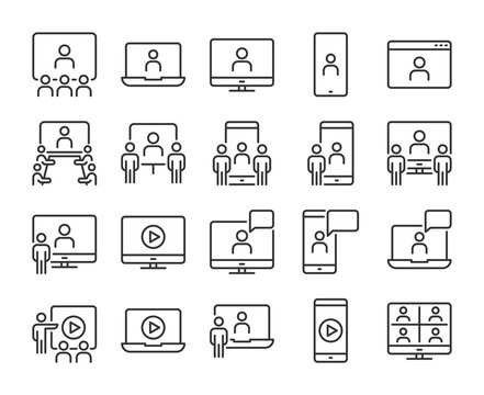 Online Meeting Icon. Video Conference Line Icons Set. Editable Stroke.