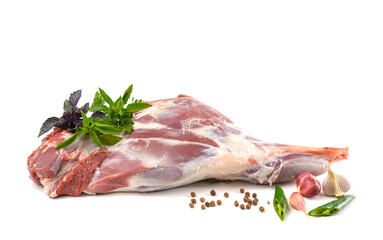 Raw leg of mutton on a bone on a white isolated background. Sheep meat close-up.A fresh piece of...