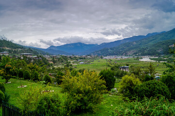 Naklejka na ściany i meble Mountain and valley landscape at Bumthang,Bhutan
