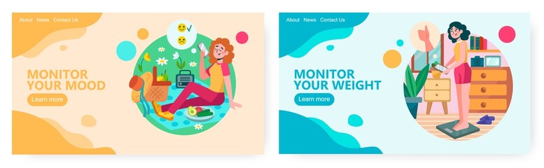 Woman check her weight on a scale and write down results. Woman talk by phone while on picnic in a park. Concept illustration. Vector web site design template