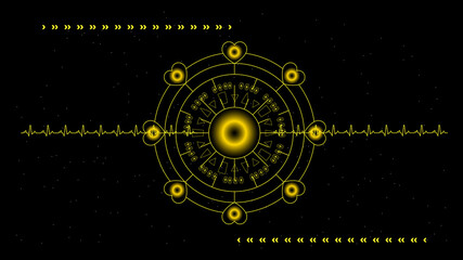 Heart pulse or ekg in monitor for UI Hi-tec interface black and gold  digital technology with glowing particles ,vector illustration.