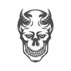 skull head with horn. black and white drawing. vector illustration