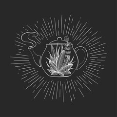 Vintage hand drawn tea logo with teapot, leaves and branches isolated on black background. Natural design concept for label, emblem, packaging