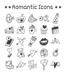 Set of Romantic Icons in Doodle Style Vector Illustration