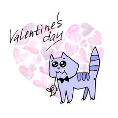Valentine's day greeting card. Simple cute contoured cat with a mouse in its teeth. Gift for your favorite. Doodle. For postcard, logo, badges, stationery, web