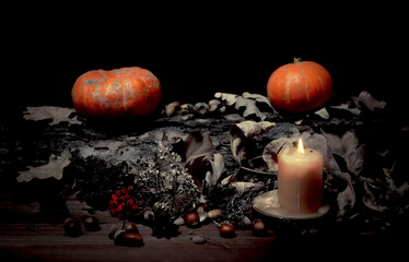 Altar of a forest witch in the dark. Pumpkins, candle, nuts, dry black leaves, selected focus, low key