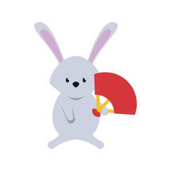 cute rabbit with fan flat style icon