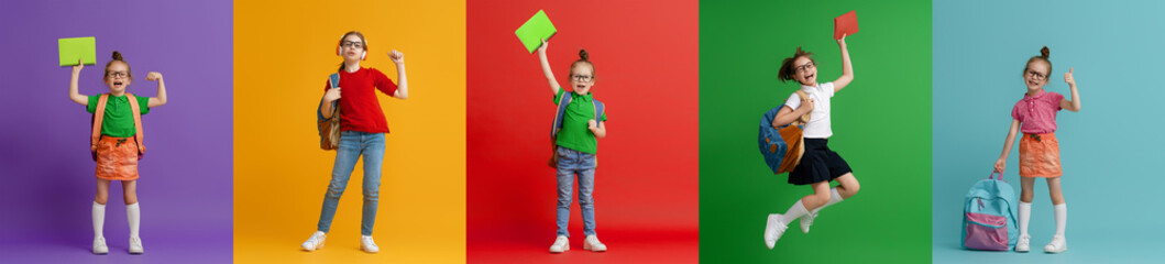 Kids with backpacks on colorful background