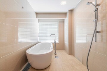 Shower room with external daylight window and modern white ceramic bath