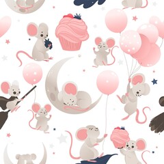 Seamless pattern with cute baby mouse and baloons, flat cartoon vector illustration.