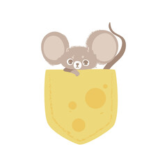 Mouse or rat in pocket looks like cheese, flat vector illustration isolated.
