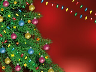 Realistic christmas poster and banner with decorated balls and garlands tree on a red background.