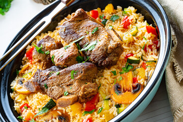 fried rice with vegetables and meat