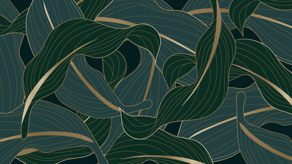 Luxury gold and nature green background vector. Floral pattern, Calathea lutea,Tropical foliage,Exotic tropical leaf, Calathea leaf  line arts, Vector illustration.