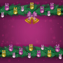 Christmas banner with fir garlands , Xmas balls and bells on purple background.