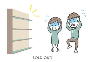 売り切れに驚きパニックになる夫婦のイラスト