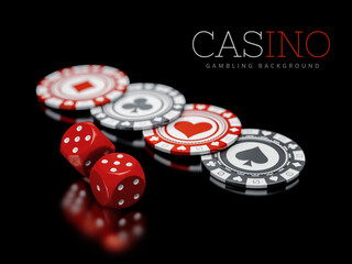 3d illustration of Pocker Chips with dice, Casino Concept isolated on white