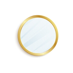 Round mirror with golden circle frame isolated on white background