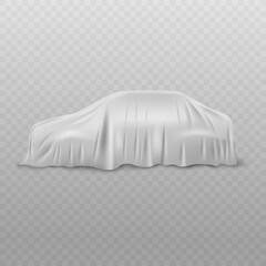 Realistic white car with fabric or cloth curtain cover of silk or satin.