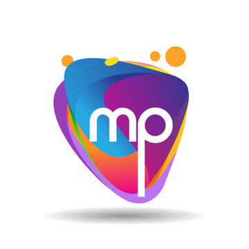 Letter MP logo with colorful splash background, letter combination logo design for creative industry, web, business and company.