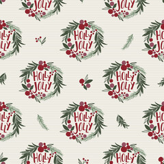 Seamless christmas wreath with holly leaf text and berries with red and green color, Christmas traditional design vector illustration