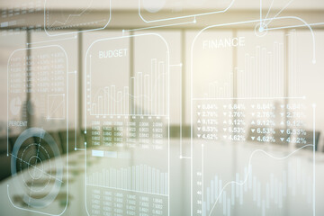 Multi exposure of abstract statistics data hologram interface on a modern furnished office interior background, computing and analytics concept