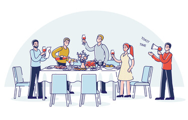 People toasting standing around holiday dinner table. Cartoon friends or colleagues celebrate