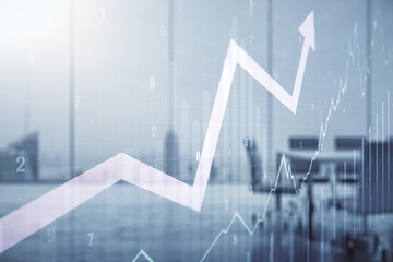 Double exposure of abstract creative financial chart and upward arrow illustration on a modern...