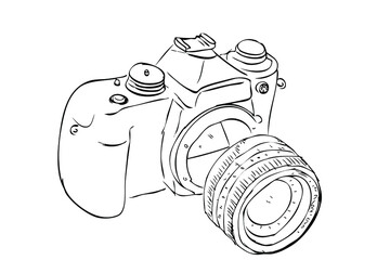 DSLR or Proffesional Digital Camera, Vector Outline Manual Draw Sketch
