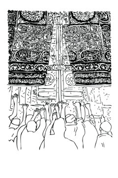 black and white kaaba with people praying clip art preview