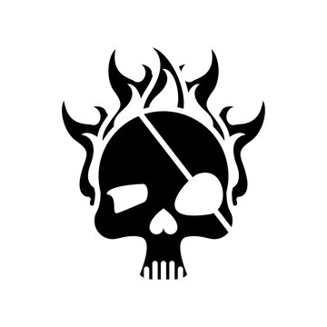 death skull head with pirate patch on fire silhouette style icon