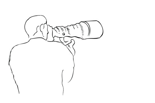 Man Photographer Take a Picture, using dlsr Camera , tele lens attatched, simple vector manual hand draw sketch, isolated on white
