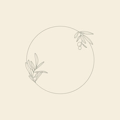 Frame with Olive Branch with Leaves and Fruit in a Trendy minimal linear style. Vector round Floral logo