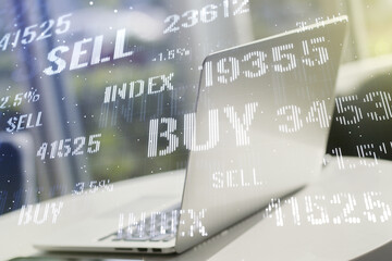 Fototapeta premium Multi exposure of abstract creative financial chart on computer background, research and analytics concept