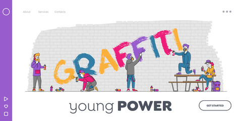 Street Artist Teenager Characters Painting Graffiti on Wall Landing Page Template. Young People Creative Hobby Activity