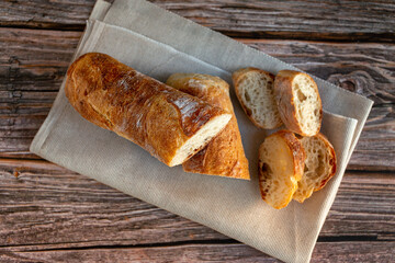 Sliced French baguette on the cutting board