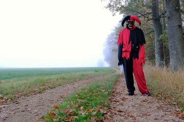 Halloween holiday . Creepy clown in a skull mask on a deserted road in a foggy field near the...