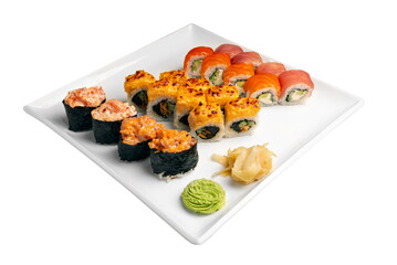 Sushi set on a white plate. Isolated on a white background