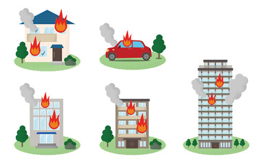 火災に遭う住宅・自動車のベクターイラスト